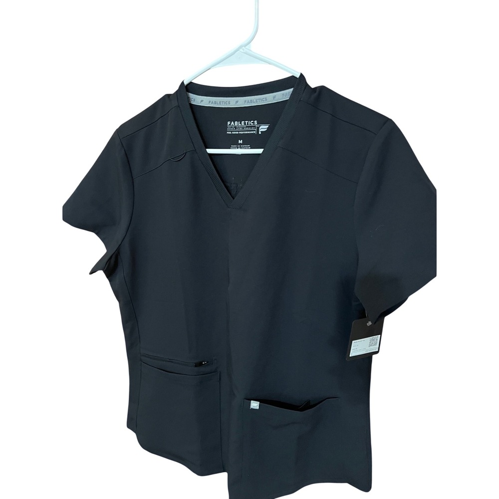 FABLETICS Mode Scrub Top Women M Black 4 Pocket V-Neck Feel Good Performance NWT